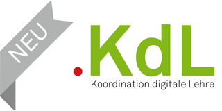 Das Logo zeigt die Abkürzung “KdL” in großen, grünen Buchstaben, begleitet von dem Text „Koordination digitale Lehre“ in schwarzer Schrift darunter. Links neben der Abkürzung befindet sich ein roter Punkt. Zusätzlich ist oben links ein graues Banner integriert, auf dem das Wort „NEU“ in weißer Schrift steht. Das Banner verleiht dem Design einen Hinweis auf Neuheit oder Aktualität. Das gesamte Layout wirkt modern und einladend.