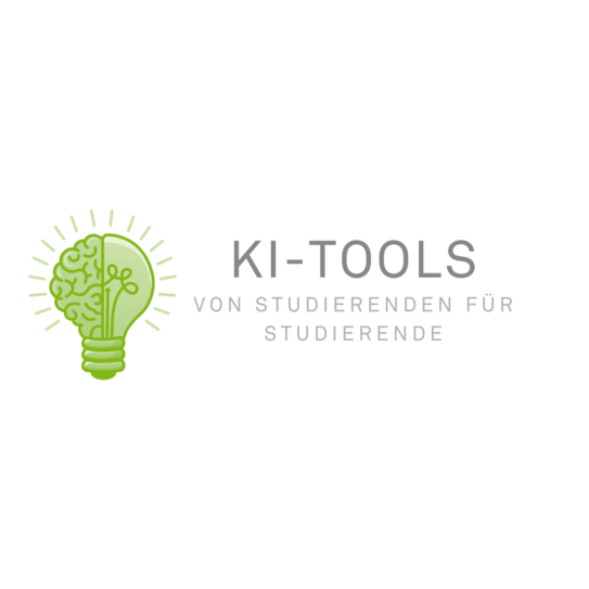 Ein Logo mit einer grünen Glühbirne, die zur Hälfte ein stilisiertes Gehirn darstellt. Neben der Glühbirne steht in grauer Schrift KI-TOOLS, darunter der Slogan "Von Studierenden für Studierende"