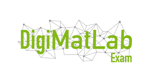 Das Logo zeigt den Schriftzug “DigiMatLab” in grüner Schrift, ergänzt durch das Wort “Exam” in kleinerer grüner Schrift rechts unten. Im Hintergrund befindet sich ein Netz aus grauen Linien und Punkten, das an ein abstraktes, digitales Netzwerk erinnert. Das Design vermittelt einen modernen und technologischen Eindruck, passend zu digitalen oder wissenschaftlichen Themen.